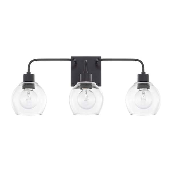HOMEPLACE LIGHTING 24.5 in. W x 10 in. H x 7 in. E 3-Light Clear Glass Vanity Light in Matte Black