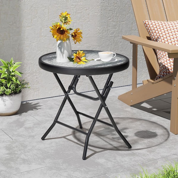 Patio Round 17.7 in. Glass Top Foldable Metal Outdoor Side Table in Black (1-Pack)