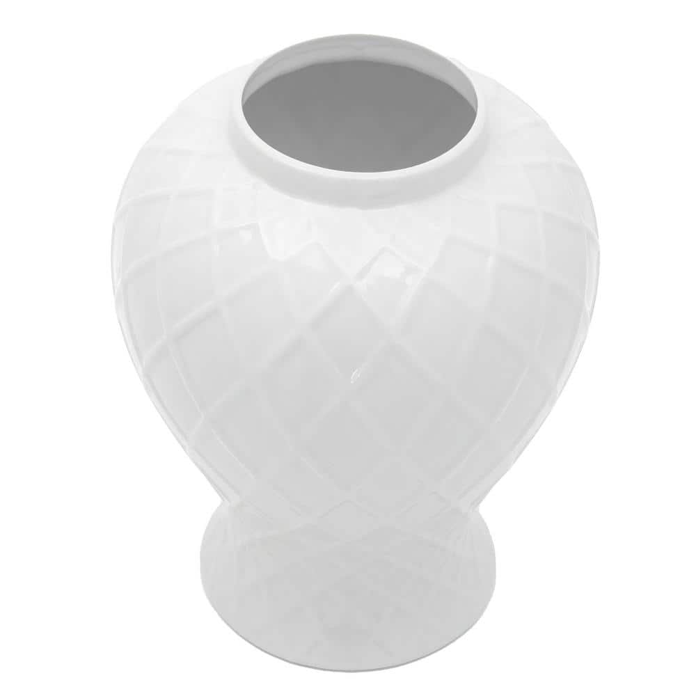 19.5" Glossy White Porcelain Diamond Pattern Temple Jar