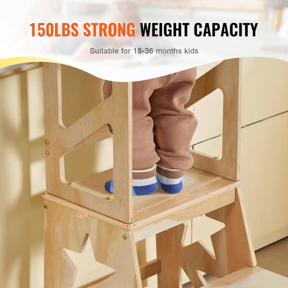 Natural Pine Wood Toddler Step Stool with Safety Rail