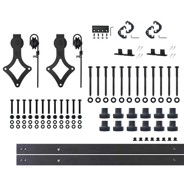 HOMACER 15 ft./180 in. Black Rustic Non-Bypass Sliding Barn Door Hardware Kit Diamond Design Roller for Double Doors