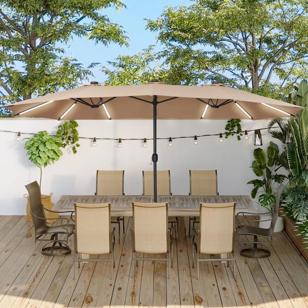 Unbranded 15 ft. Iron Market Patio Umbrella in Tan with Base and Solar LED Strip Lights