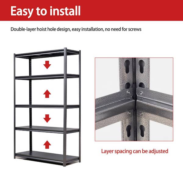 5-Tier Heavy Duty Storage Rack With Adjustable Height, Reinforced layer, Metal Garage Shelving - 48 x 24 x 72 Black