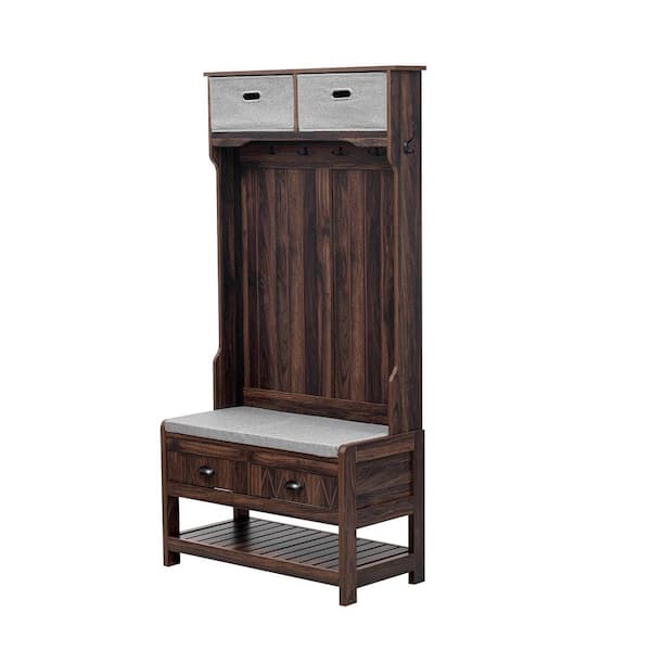 Hall Tree with 6-Hooks and Hinged Lid, Coat Hanger, Entryway Bench, Storage Bench, 3 in 1-Design, 69 in. Brown