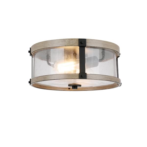 Hampton Bay Collier 2-Light Matte Black and Gray Wood Outdoor Flush Mount Light with Clear Seeded Glass