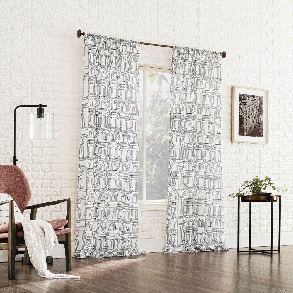 Black and White Sheer Embroidered Rod Pocket Curtain Panel, 50" x 84"
