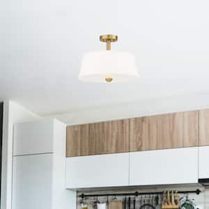 Studio 15 in. 2-Light Brushed Gold Semi-Flush Mount Ceiling Light with White Fabric Shade