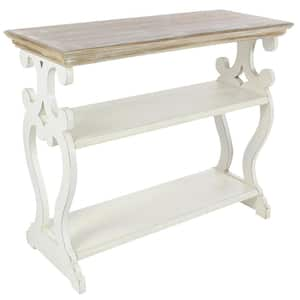 38 in. White Extra Large Rectangle Wood Scroll Side Frames 2 Shelf Console Table with Brown Wood Top