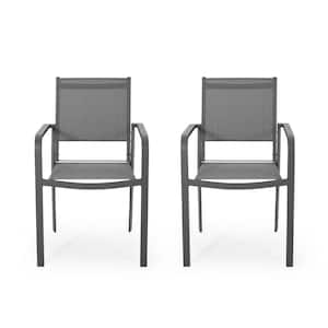 Modern Gunmetal Rust-Resistant Aluminum Outdoor Dining Chair w/Clean and Precise Lines Mesh Seat in Dark Gray (Set of 2)