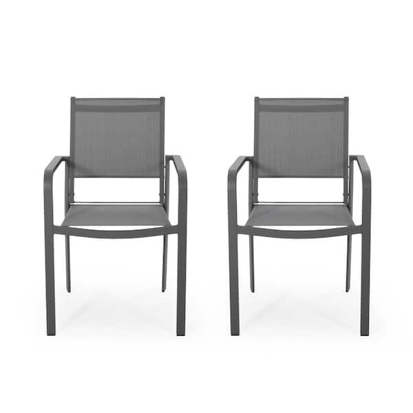 Modern Gunmetal Rust-Resistant Aluminum Outdoor Dining Chair w/Clean and Precise Lines Mesh Seat in Dark Gray (Set of 2)