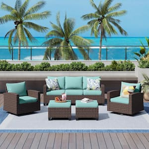 Brown Rattan Wicker 7 Seat 5-Piece Steel Outdoor Patio Conversation Set with Blue Cushions,2 Swivel Chairs,2 Ottomans