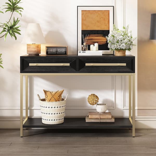 45.5 in. Black Rectangle MDF Console Table with 2 Drawers