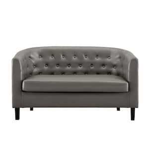 Gray Love Seat, Button Tufted Faux Leather Barrel Loveseat, Midcentury Modern 2-Seater Couch, Small Loveseat
