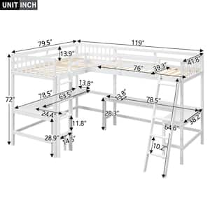 Wood Twin Size L-Shaped Loft Bed with Ladder and 2 Built-in L-Shaped Desks, White