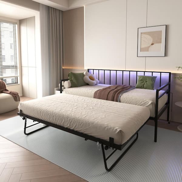 Black Metal Twin Size Daybed Frame with Charging Station and RGB LED Lights for Bedroom