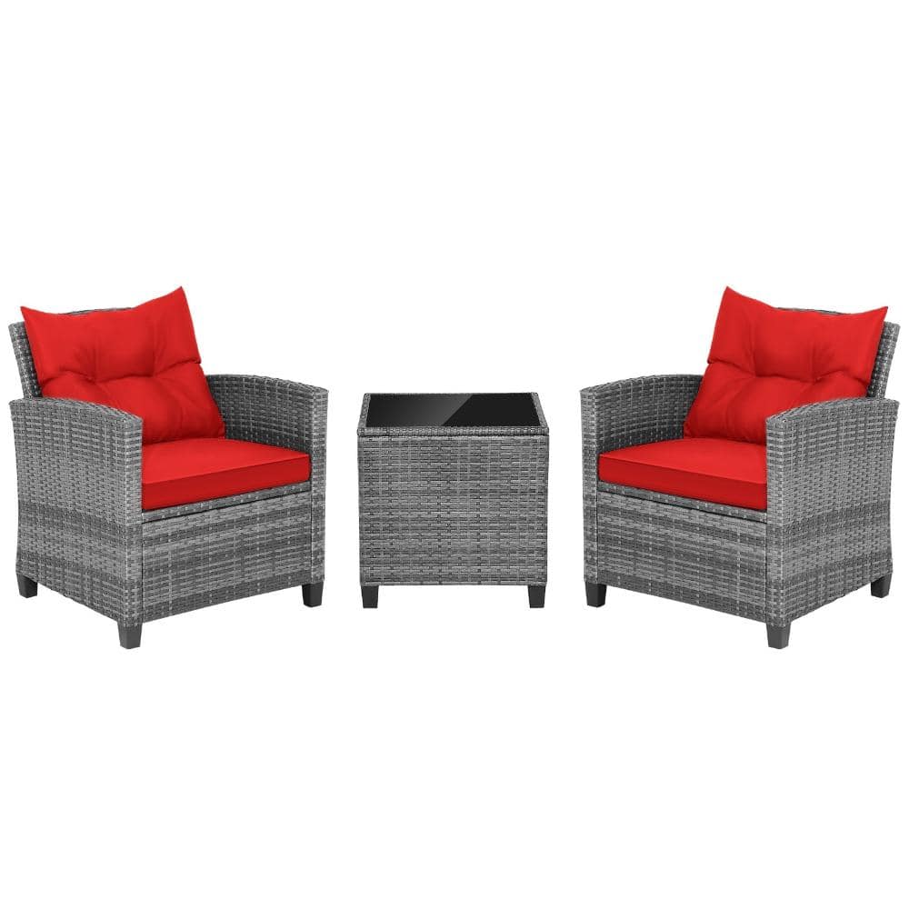 3-Piece PE Rattan Outdoor Patio Conversation Set with Tempered Glass Table and Cushions, Red price history on PriceWatchPro
