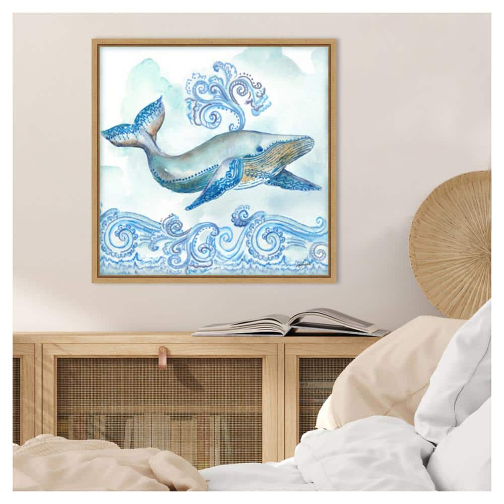 Boho Shells II Whale Blue Canvas Print with Maple Frame