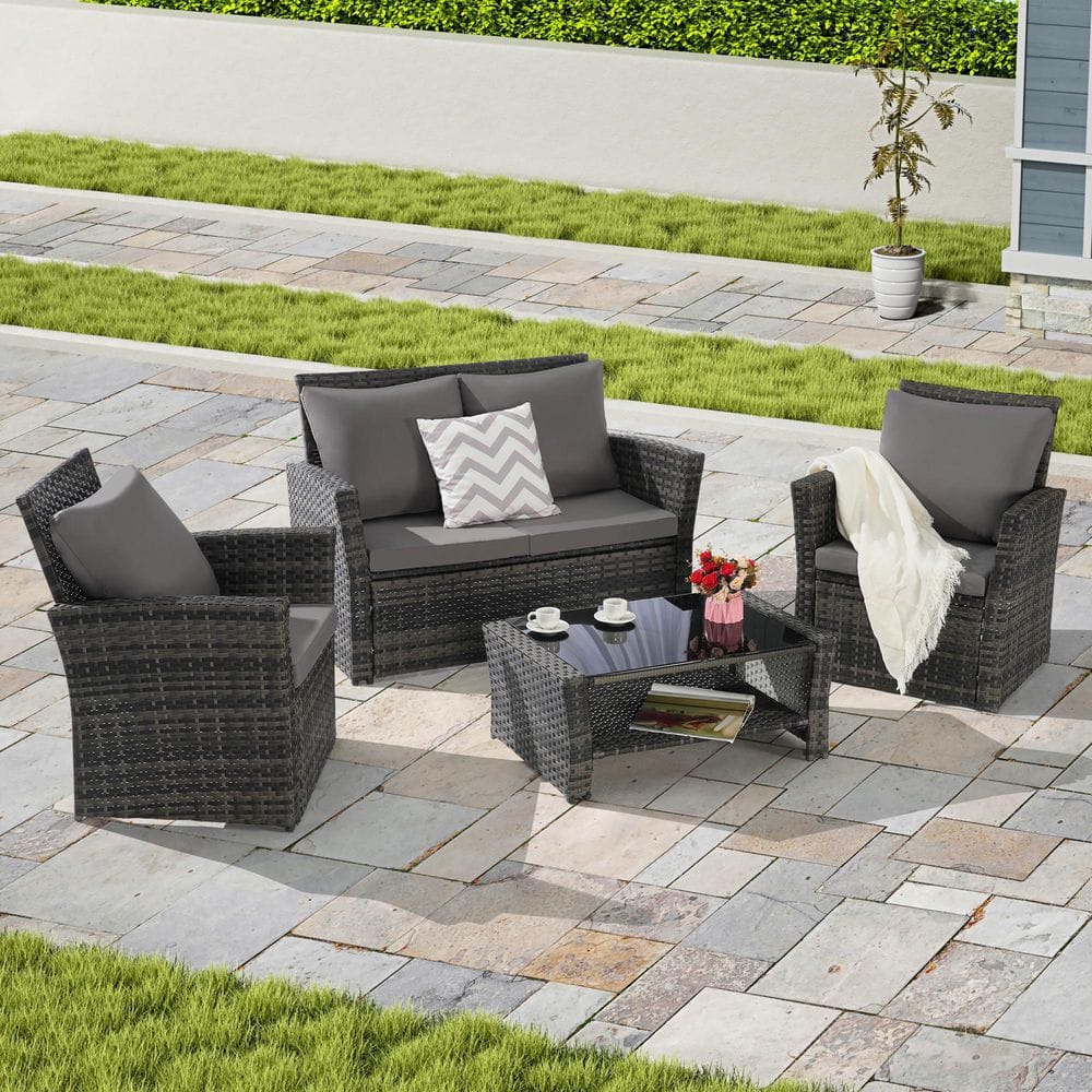 4-Piece Wicker Patio Conversation Set with Dark Gray Cushions and Coffee Ta