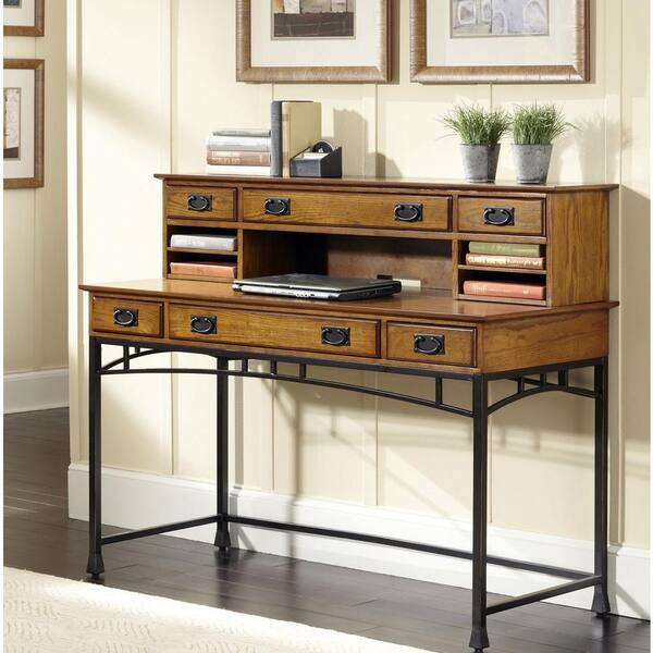 HOMESTYLES 54 in. Distressed Oak/Deep Brown Rectangular 6 -Drawer Writing Desk with Keyboard Tray