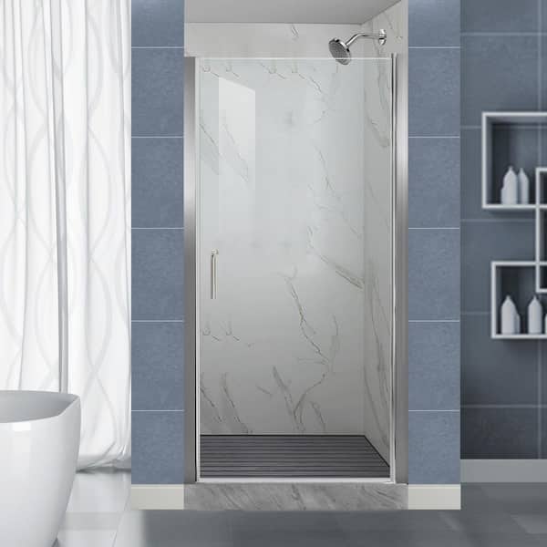 Lonni 36-37.9 in. W x 72 in. H Frameless Pivot Shower Door in Chrome Finish With 1/4 in. Thick Clear Tempered Glass