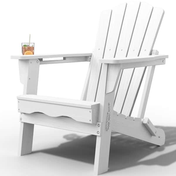 Thoeoe White HDPE Outdoor Folding Adirondack Chair with Cup Holder