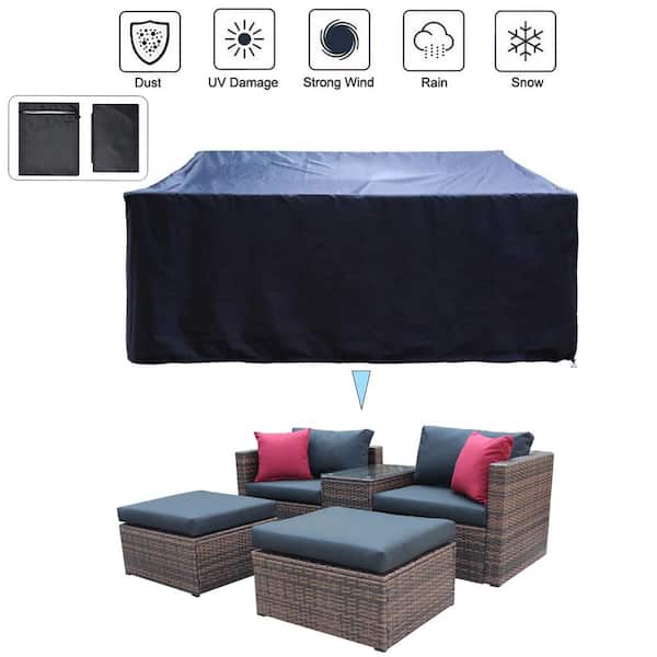 Unbranded 5-Piece Wicker Outdoor Brown Sectional Conversation Sofa Set with Black Cushions,Red Pillows,Furniture Protection Cover