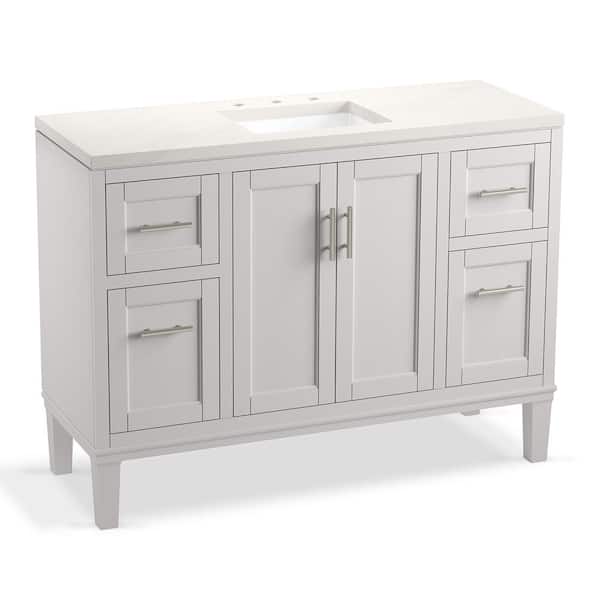 KOHLER Chesil 60in. Double Sink Freestanding Atmos Grey Bath Vanity with Bianco Bella Quartz Top Assembled