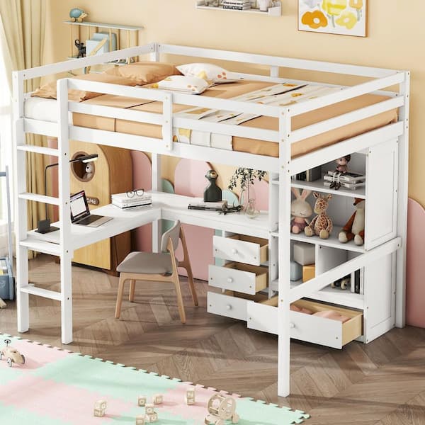 Edward White Full Size Loft Bed with Desk, Built-in Ladder, Storage Shelves, Drawers, Guardrails