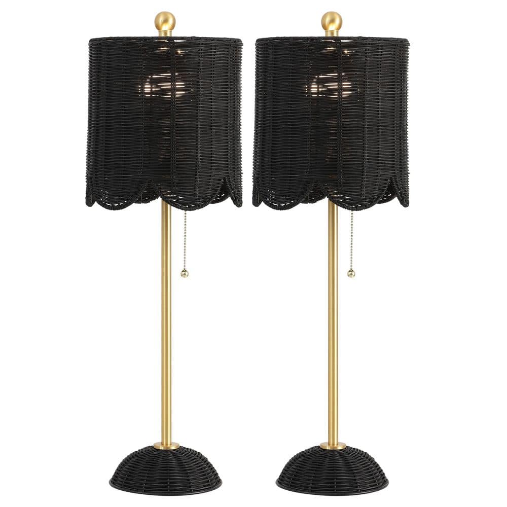 Celerie 27.5 in. Black/Brass Gold Rattan/Iron Buffet LED Table Lamp Set with Pull Chain and Scalloped Shade (Set of 2) price history on PriceWatchPro