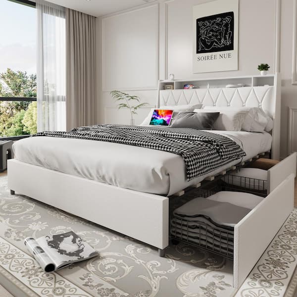 Atlas White Upholstered Faux Leather Wood Frame Queen Platform Bed with Storage Headboard, Drawers, Charge Station
