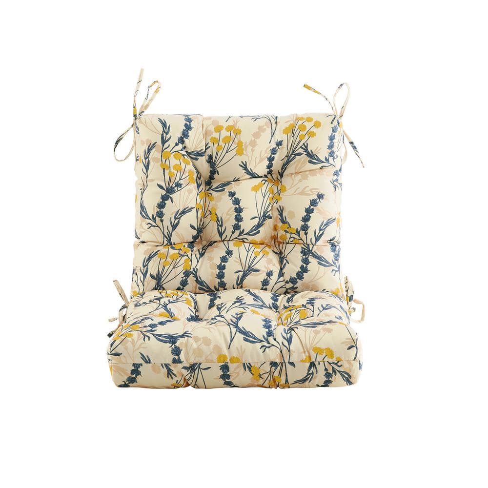 Beige Blue Floral Tufted Outdoor Chair Cushion with Tie Attachment