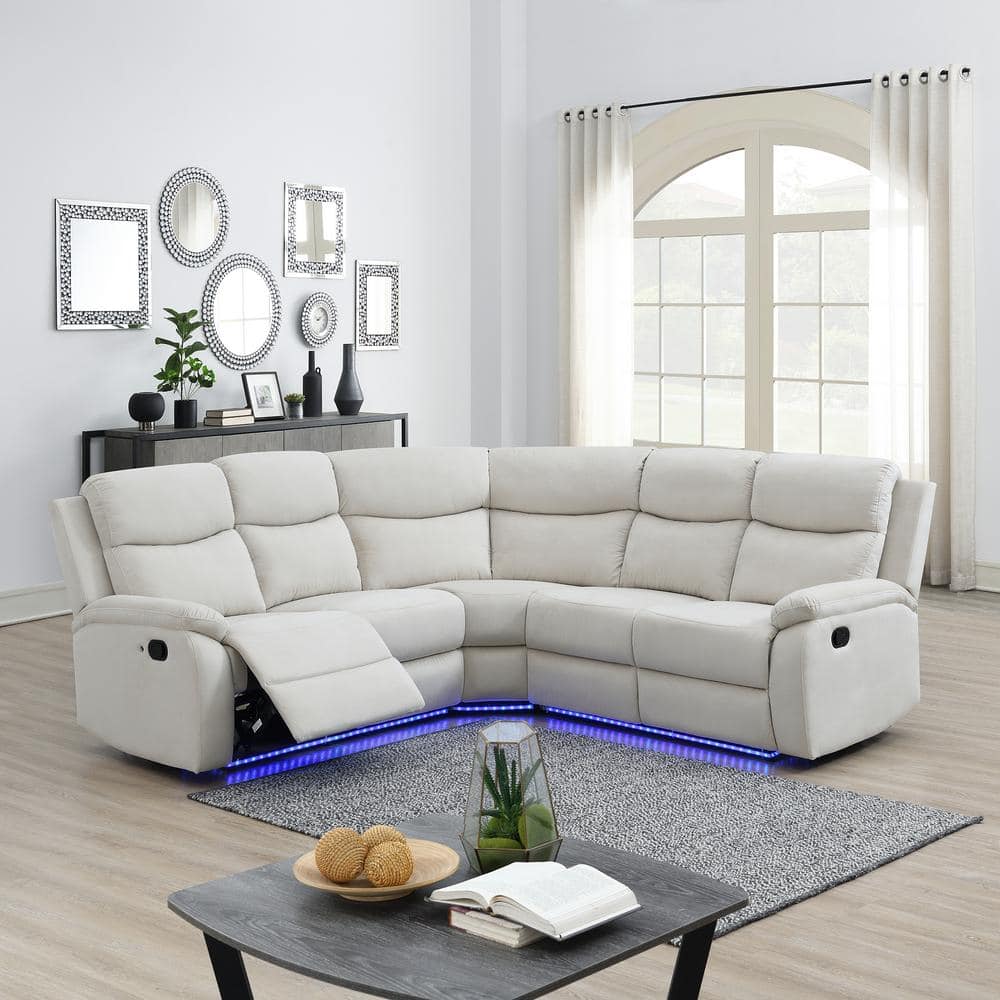 Nestfair 82.6 in. Velvet Modern Sectional Sofa Recliner Chair Sofa in. Beige with LED Light