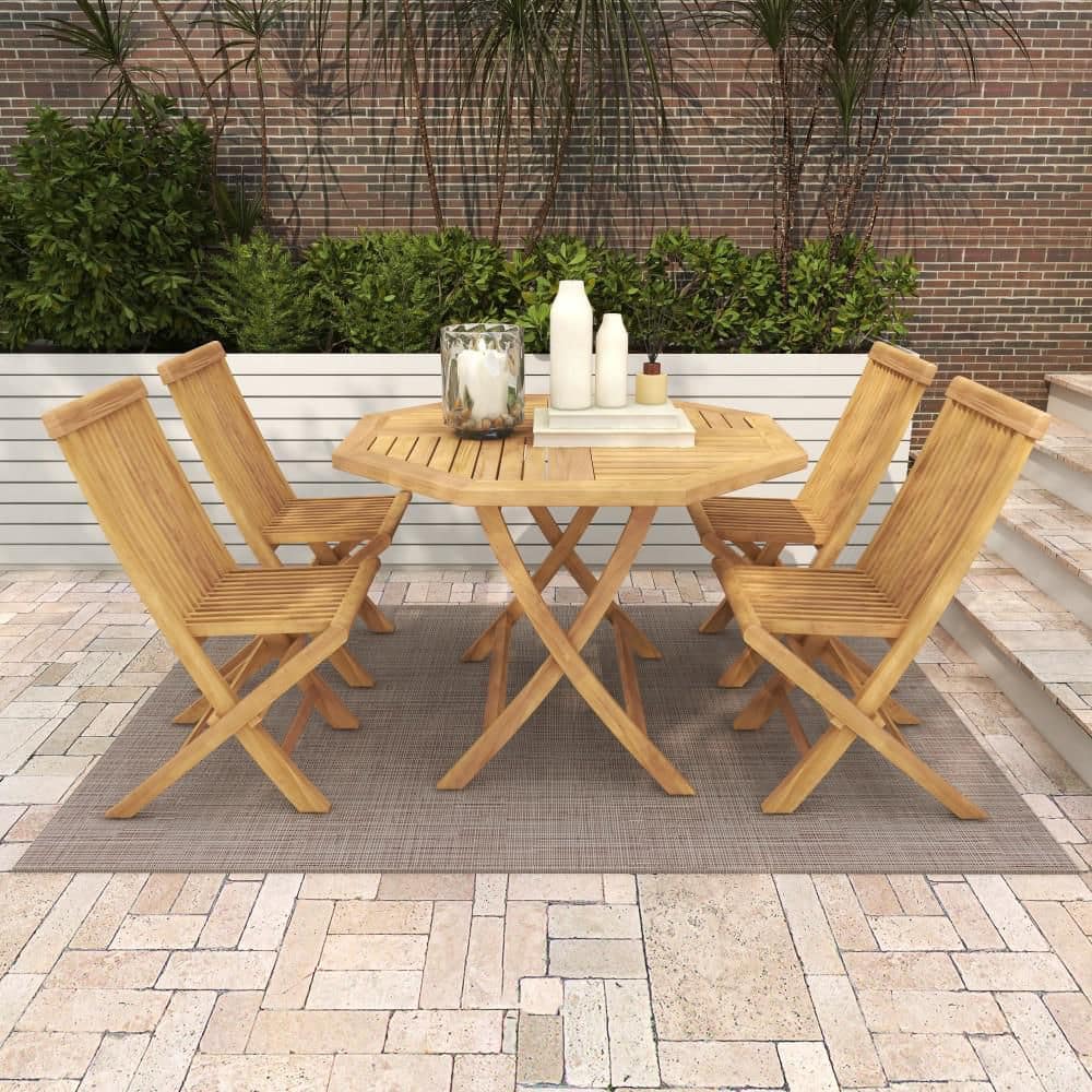 Litton Lane Brown 5-Piece Teak Wood Octagon Folding 4 Chair