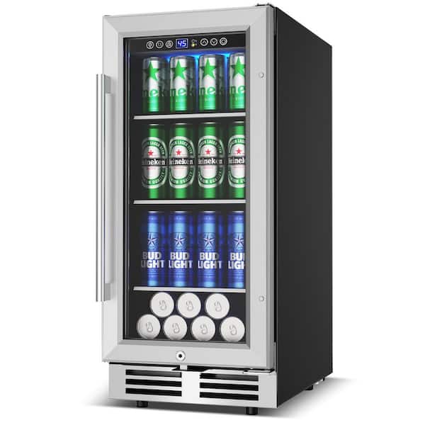 15 in. Single Zone 155-Can Beverage Cooler in Silver Built-in Reversible Door Beer Fridge with 3 Tempered-Glass Shelves