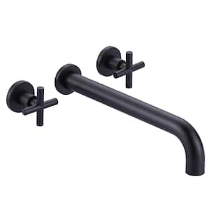 2-Handle Wall-Mount Roman Tub Faucet with Long Spout Reach Solid Brass Valve in Matte Black