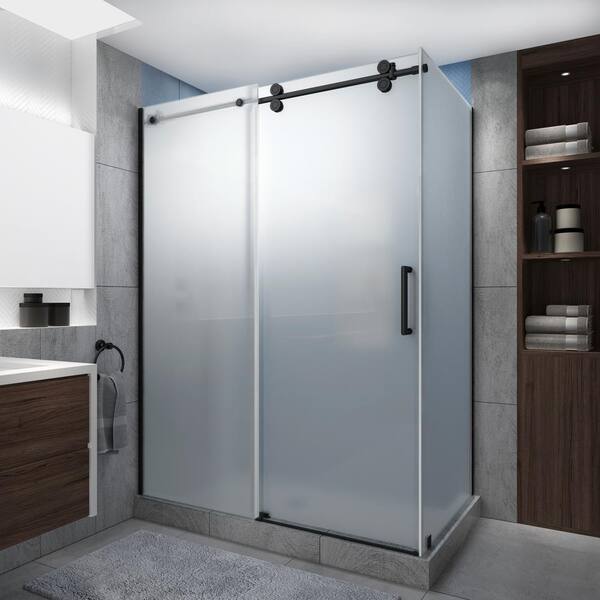 Aston Langham XL 44-48 in. x 34 in. x 80 in. Sliding Frameless Shower Enclosure Ultra-Bright Frosted Glass in Matte Black