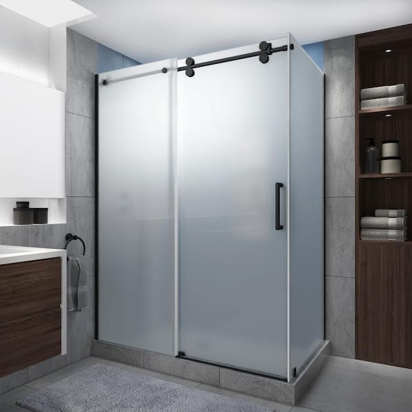 Aston Langham XL 60-64 in. x 34 in. x 80 in. Sliding Frameless Shower Enclosure Ultra-Bright Frosted Glass in Matte Black