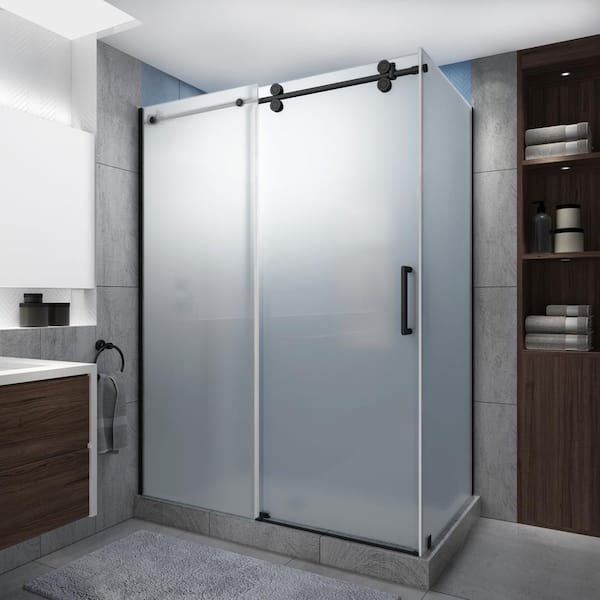Aston Langham XL 60-64 in. x 38 in. x 80 in. Sliding Frameless Shower Enclosure Ultra-Bright Frosted Glass in Matte Black