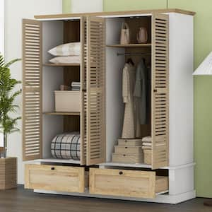 Natural and White Wood 63 in. 4-Shutter Doors Wardrobe with 2-Drawers, Storage Shelves, Hanging Rail