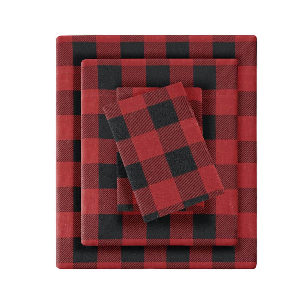 Woolrich Cotton Flannel 4Piece Red/Black Buffalo Check Queen Sheet Set