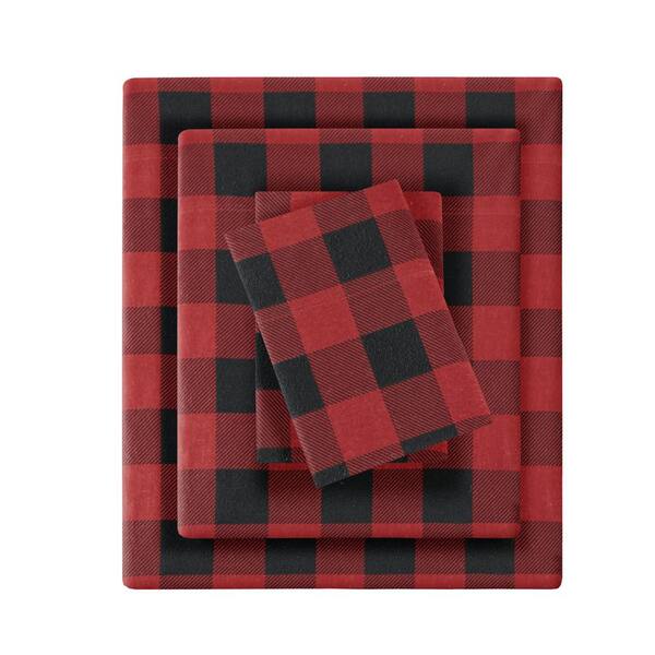 Cotton Flannel 4-Piece Red/Black Buffalo Check Queen Sheet Set