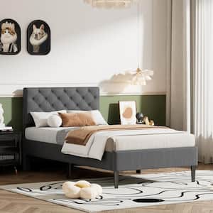 Gray Wood Frame Twin Size Linen Upholstered Platform Bed with Button Tufted Headboard
