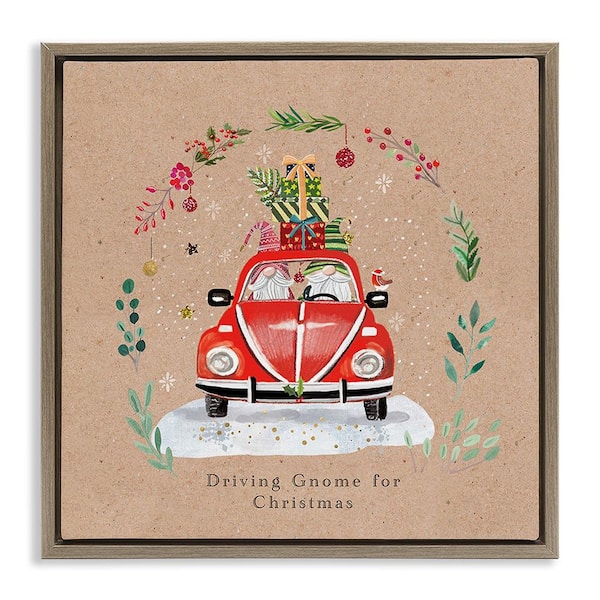 Driving Gnome For Christmas by Sally Darby 1-Piece Floater Frame Graphic Print Travel Poster Art Print 18 in. x 18 in.