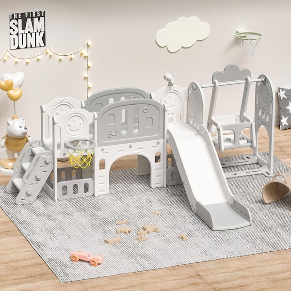 Gray and Ivory Toddler Slide Playset with Swing and Basketball Hoop (Indoor/Outdoor)