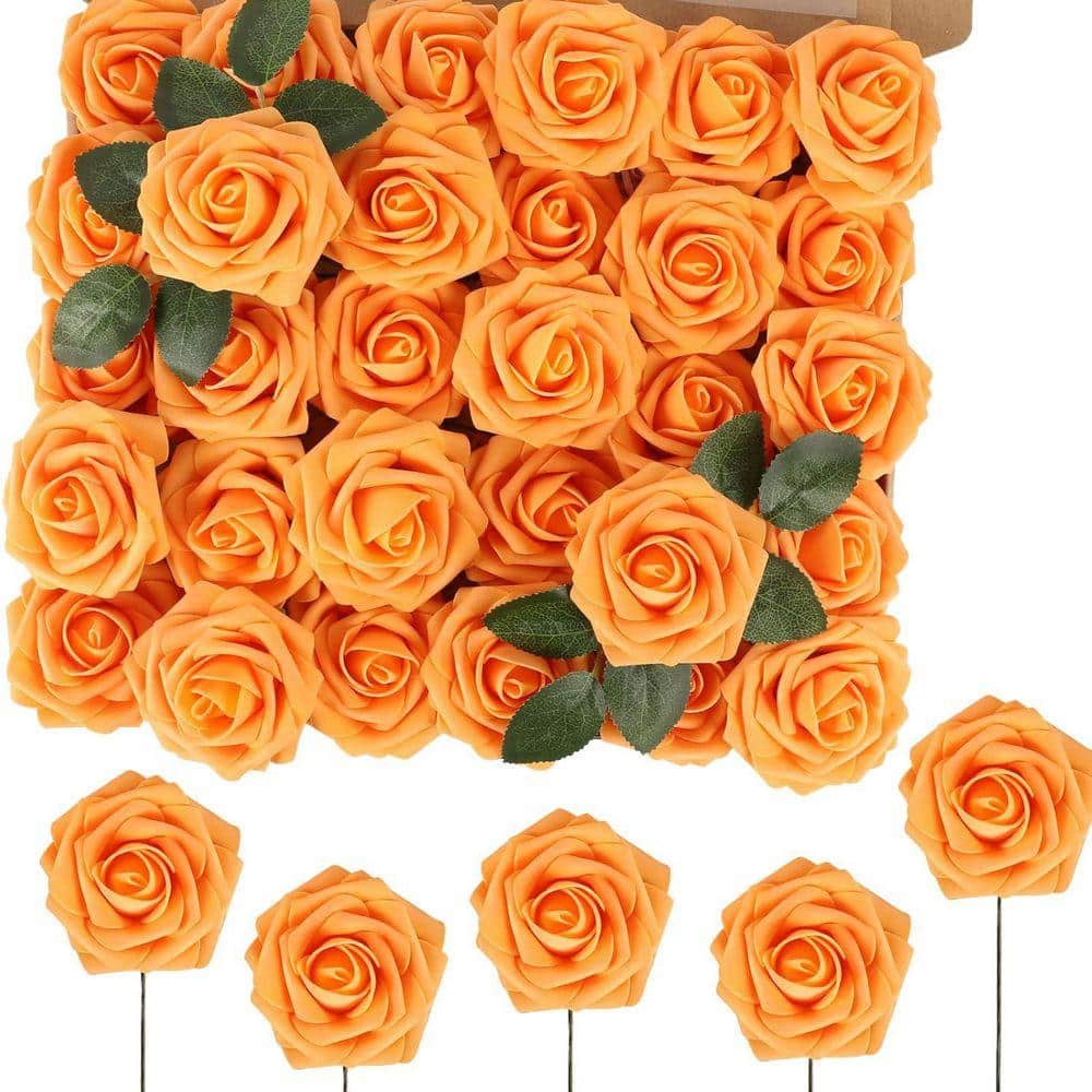 60-Piece 7 in. Orange Real Touch Artificial Fake Flowers with Stem Foam ...