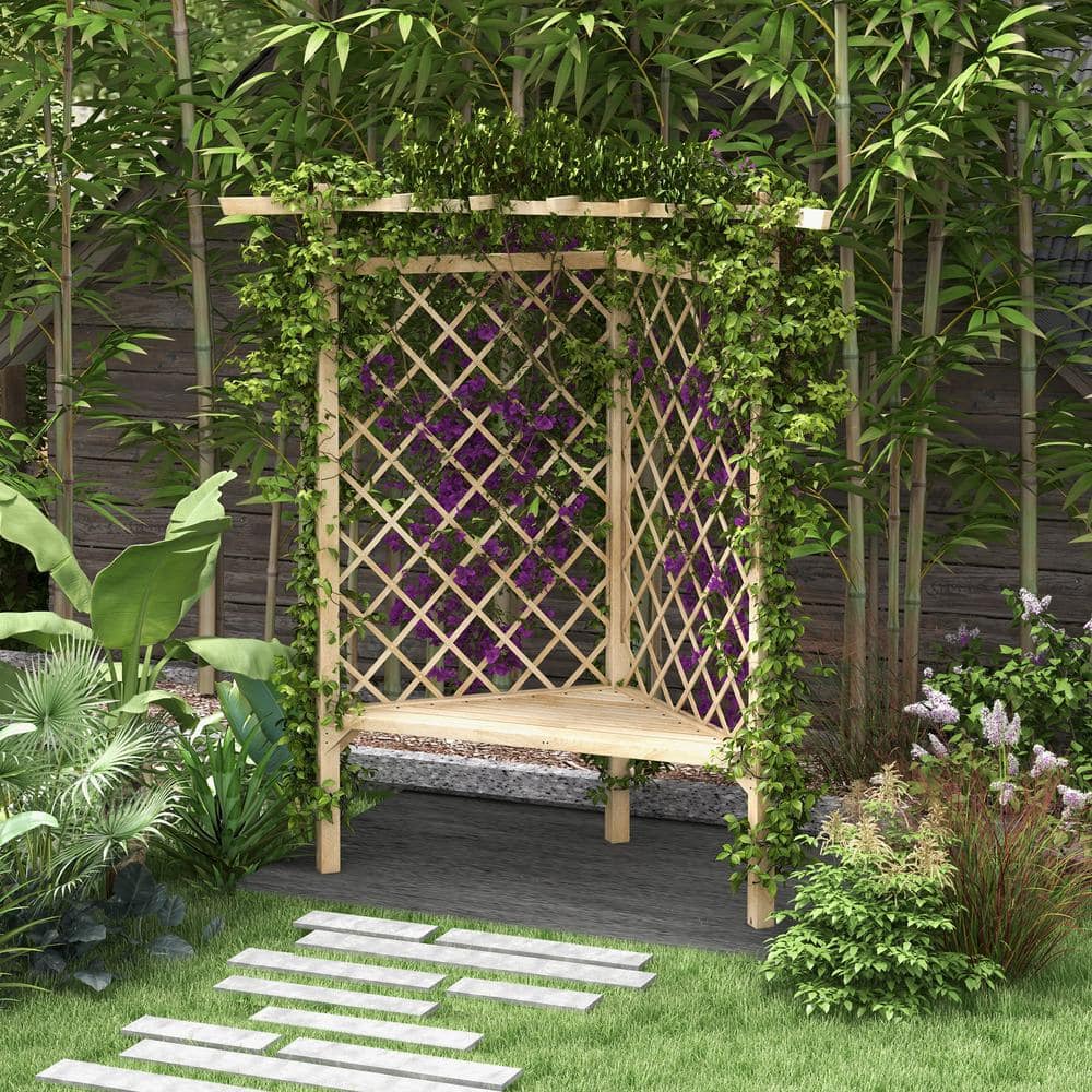 Natural Fir Wood Corner Trellis Garden Bench with Slatted Seat