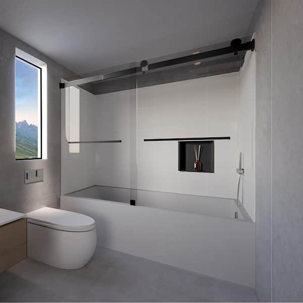 NuVo Dove Grey-Tetherow 60 in. L x 30 in. W x 83 in. H Rectangular Tub/ Shower Combo Unit in Matte Black Right Drain
