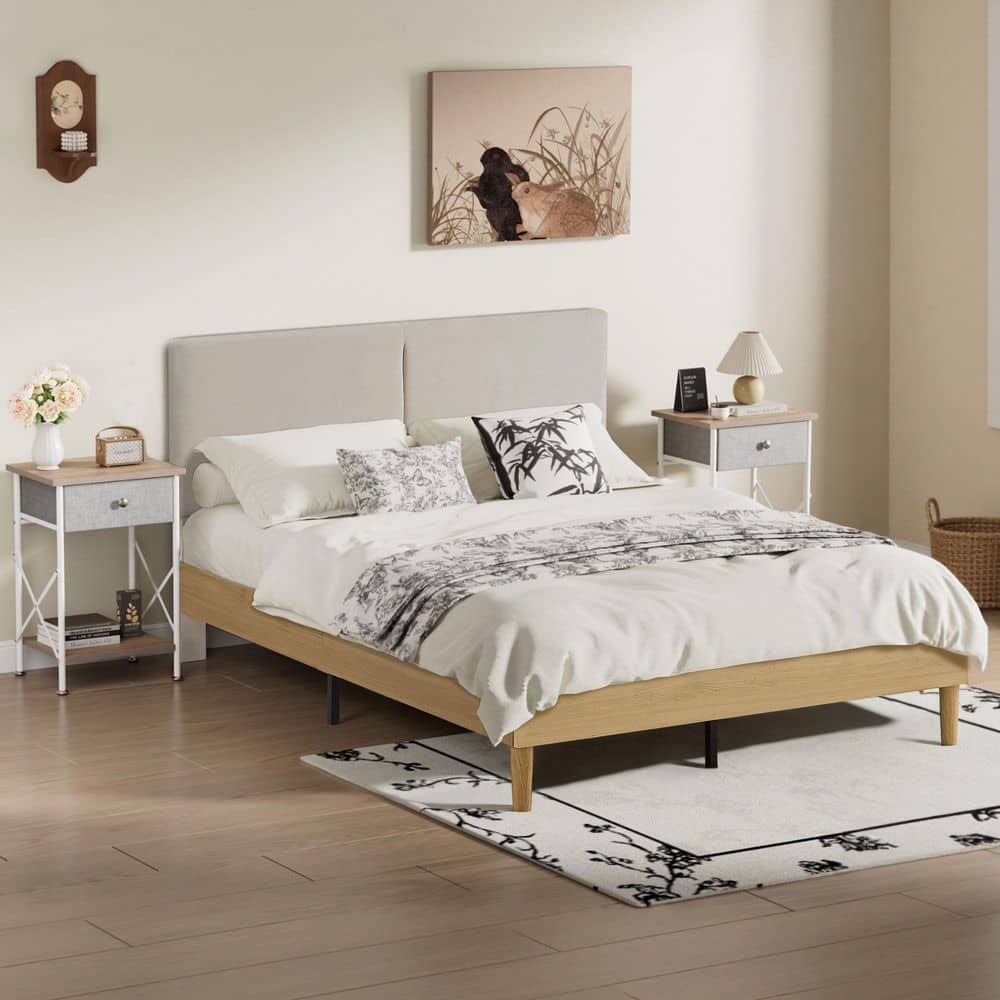 3-Piece Brown Metal Queen Bedroom Set Platform Bed with 2 Light Brown Nightstands Bedroom Set, Wood Slat Support, price history on PriceWatchPro