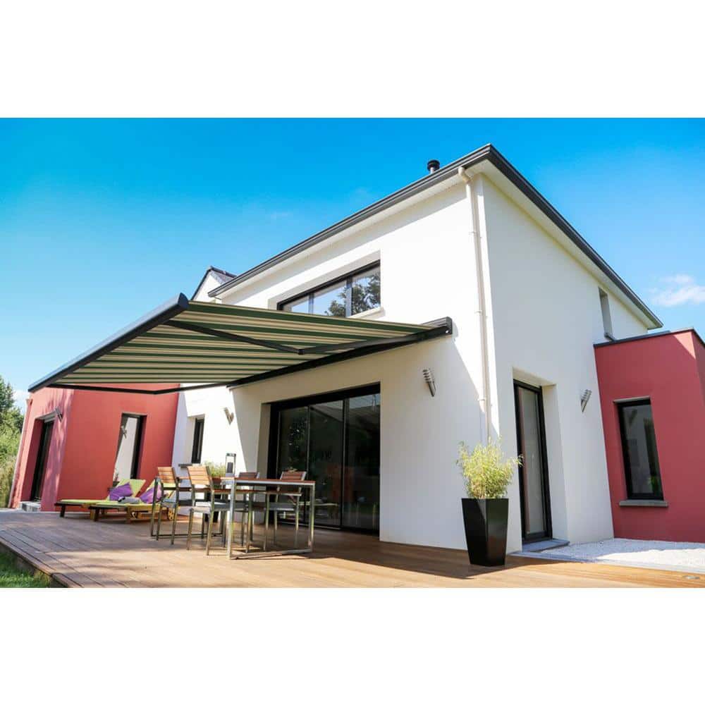 Forest Green and Beige Striped Motorized Retractable Patio Awning