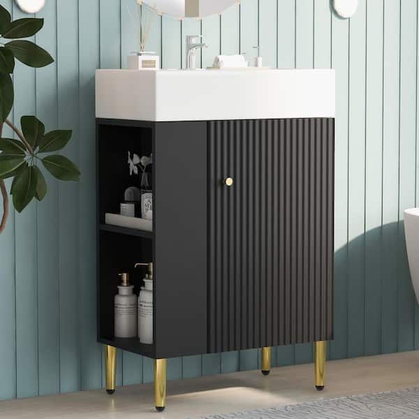 22 in. W x 12. D x 34 in. H Single Sink Freestanding Bath Vanity in Black with White Ceramics Top